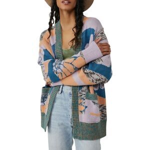 New! Free People August Cardigan Wool Floral Oversized Sweater Orchid Teal Combo
